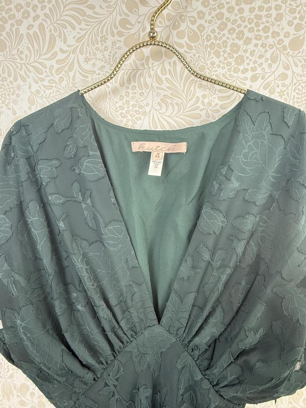 Hutch by Anthropologie BHLDN Hunter Green Deep V-Neck Leaf Lindy Gown - Size - 4 - Picture 5 of 7